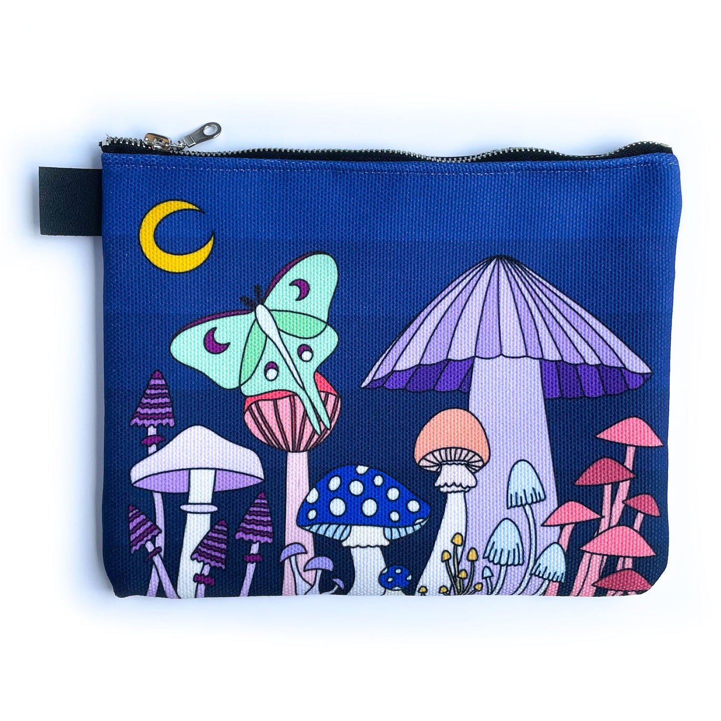 A flat zipper bag with art of pastel mushrooms and a luna moth on it. 